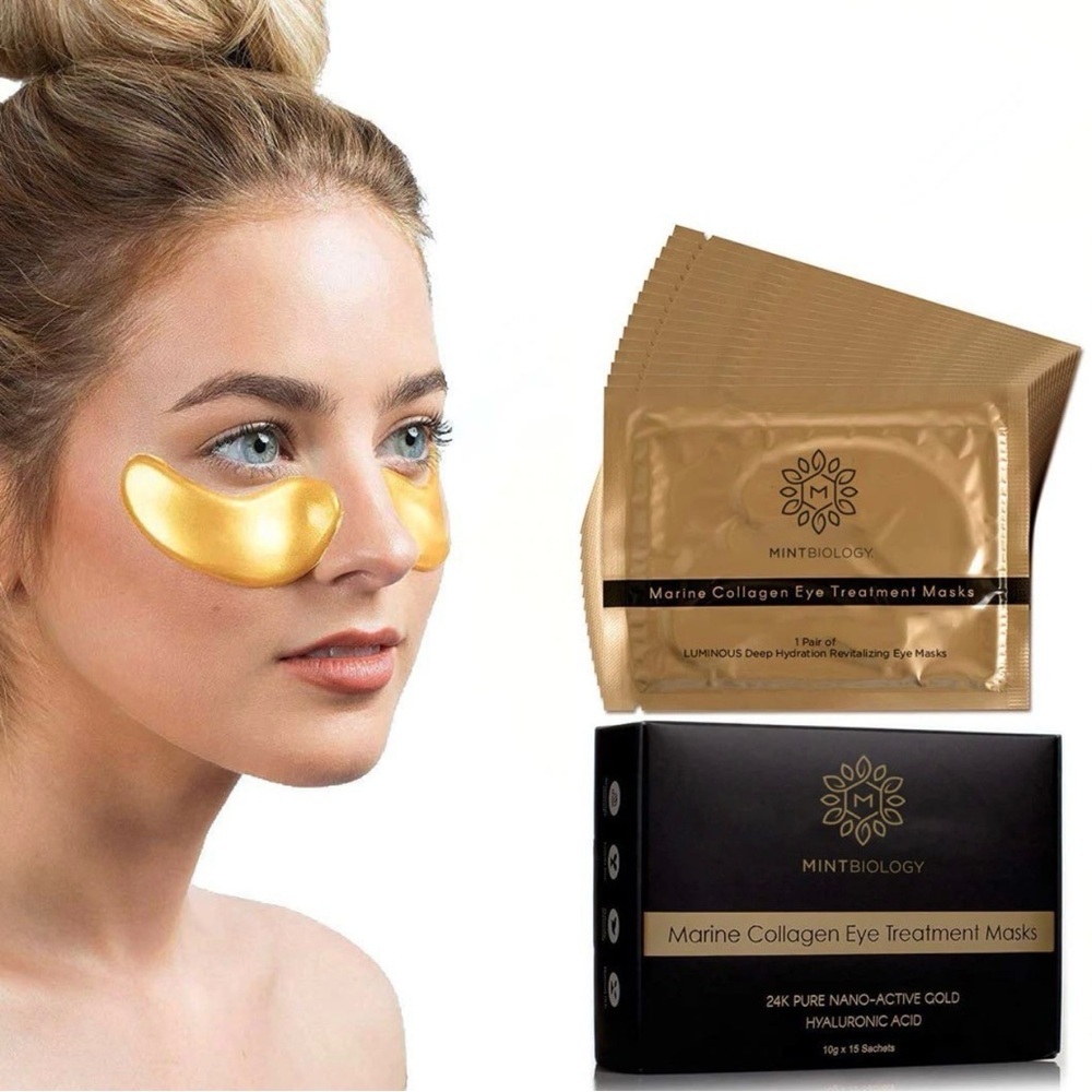 NIB Mintbiology 15 pack Seaweed Anti-Aging Marine Collagen 24k Gold Eye Masks